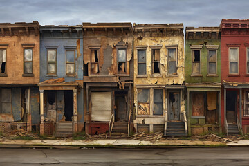 houses symbolizing urban decay and social neglect digital art. generative AI
