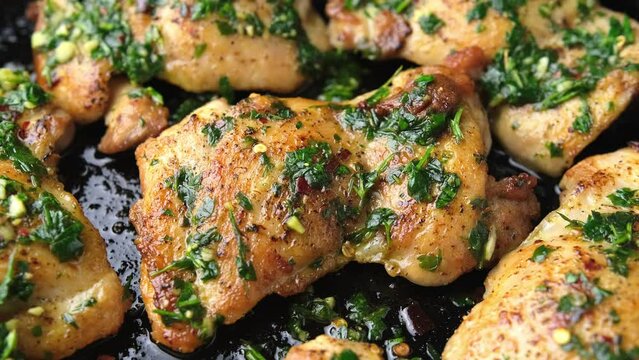 Homemade Chimichurri Chicken thighs ready to eat. Rotating video