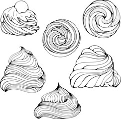 Set of whipped cream or meringue swirl. Marshmallow or frozen yogurt for dessert, cupcake, ice cream. Decorative spiral. Vector illustration in hand drawn cartoon sketch style. Line art isolated