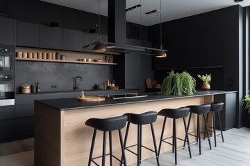 a minimalist kitchen with sleek lines and a peaceful atmosphere, created with generative ai