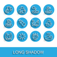 Set line Say no to plastic bags poster, Sun, Gas pump nozzle and globe, Global warming fire, Drought, Bottle of water, Glacier melting and Car exhaust icon. Vector