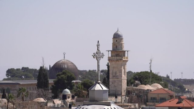 Cross Over Basilica of Ecce Homo In The Old City Of Jerusalem, Israel. Zoom Out