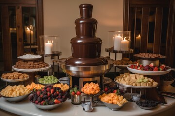 chocolate fountain surrounded by bowls of fresh fruit, cookies and pastries, created with generative ai
