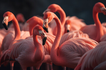 Naklejka premium Close up view of pink flamingos with blurry background, generative ai