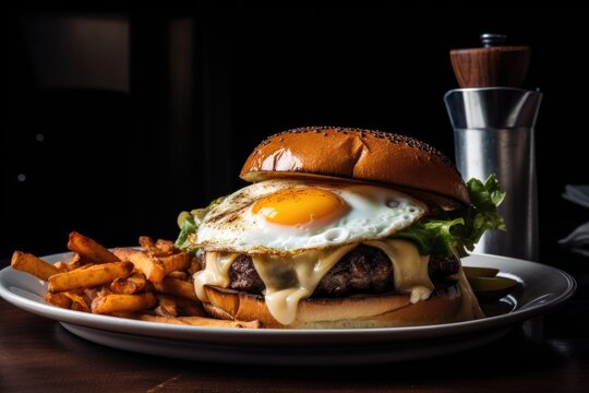 a classic burger, topped with an over-easy egg, and served with golden french fries, created with generative ai
