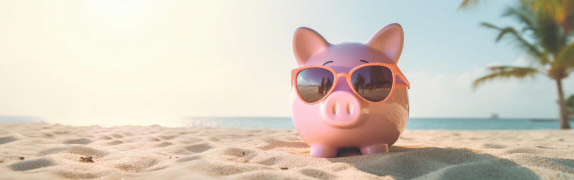 Pink Piggy Bank in Sunglasses with Tropical Sandy Beach, Sea and Palms Background, Copy Space for Text Banner. Savings for Vacation, Summer Holidays concept. Generative AI.