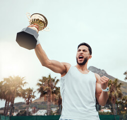 Happy man, trophy and tennis celebration for winning, success or victory achievement on the court....