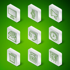 Set line Board with graph, Inkwell, Computer monitor, Headphones, Mail and e-mail, Wrist watch, Trash can and Clock icon. Vector