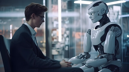 Person talking with humanoid ai robot. futuristic technology or machine learning concepts. Generative Ai technology