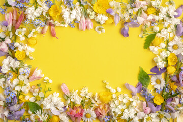 floral frame from different wildflowers on a light yellow background. Template for advertising and presentation of cosmetic products.