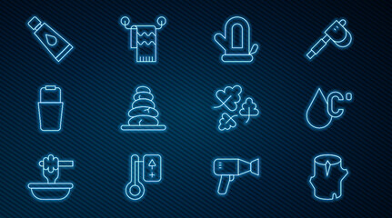 Set line Wooden log, Water temperature, Sauna mitten, Stack hot stones, bucket, Cream or lotion cosmetic tube, Oak leaf and Towel hanger icon. Vector