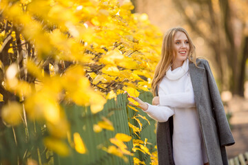 Beautiful young woman on a background of colorful golden foliage in an autumn park. Attractive woman with light brown hair in a gray coat near the fence and bushes with yellow leaves. Fall season.