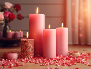 Obraz na płótnie Canvas Burning pink candles with rose petals on wooden table. Romantic background. ai Generative AI