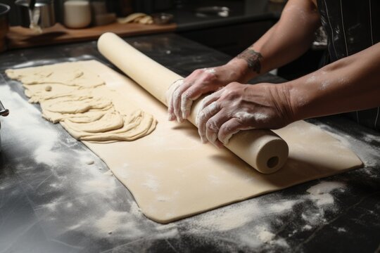 baker rolling out dough for flaky puff pastries, preparing to cut and fill, created with generative ai