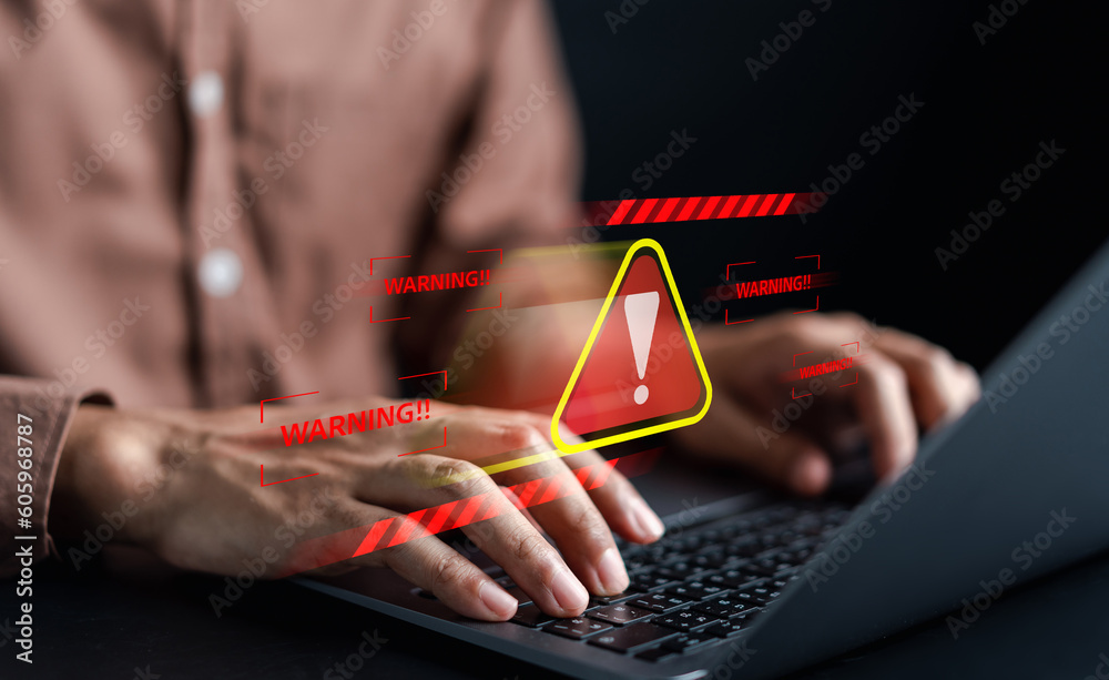 Aufkleber System warning caution sign for notification error and maintenance concept. cyber attack on computer network. Cybersecurity vulnerability, data breach, illegal connection, compromised information...