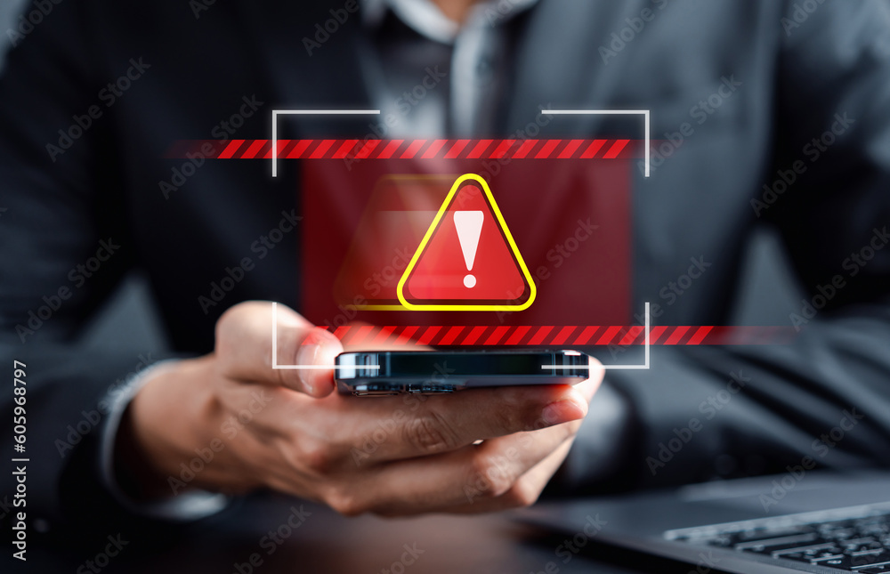 Aufkleber System warning caution sign for notification error and maintenance concept. cyber attack on computer network. Cybersecurity vulnerability, data breach, illegal connection, compromised information...