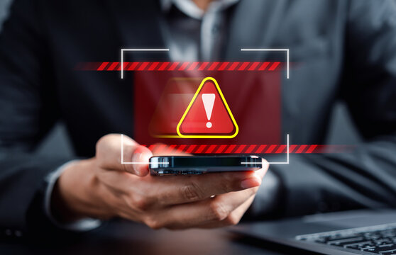 System warning caution sign for notification error and maintenance concept. cyber attack on computer network. Cybersecurity vulnerability, data breach, illegal connection, compromised information...