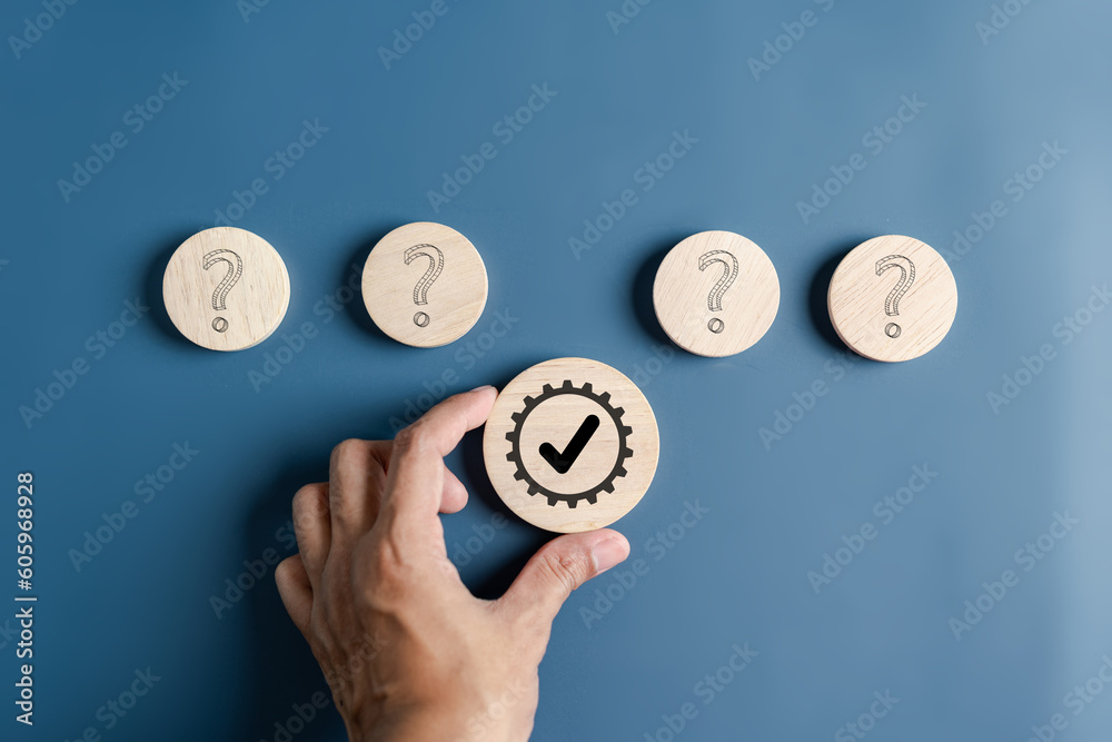 Poster hand holding wooden block approve quality control which among question icon, successful business and