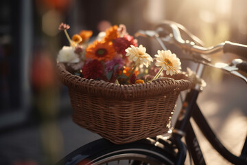 Flowers in bicycle basket. Generative AI illustration