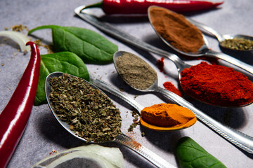 Oriental spices top view. Culinary wallpaper