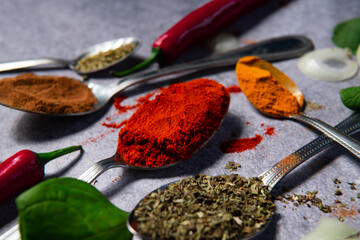 Oriental spices top view. Culinary wallpaper