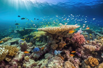 coral reef with school of tropical fish swimming among them, created with generative ai