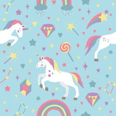 Seamless background with unicorns. Perfect for kids design, fabric, packaging, wallpaper, textile, apparel