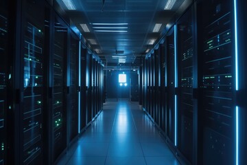 data center with rows of servers, each one with blinking led lights, created with generative ai