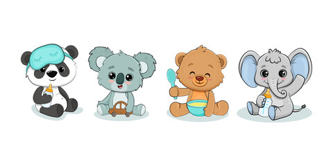 Teddy bear, panda cub, koala cub and baby elephant with milk bottle. Set of cartoon baby animals. 