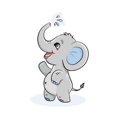  Cute cartoon elephant poured water from his trunk. 