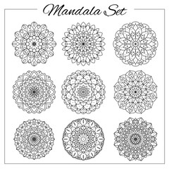 Geometric circular ornament set. Isolated vector mandalas for coloring book printing, design, logo, yoga, indian and arabic prints.