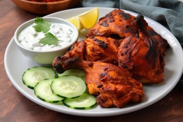 plate of spicy tandoori chicken with side of cool cucumber raita, created with generative ai