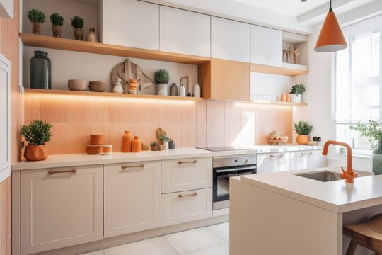 a brightly-lit kitchen with warm and welcoming tones, created with generative ai