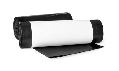 Rolls of black garbage bags isolated on white