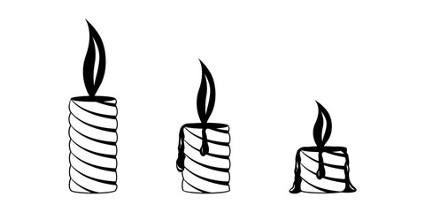 Vector burning candle set. Burning candle icon isolated on a white background in different versions of the suppository. Home design, interior, light.