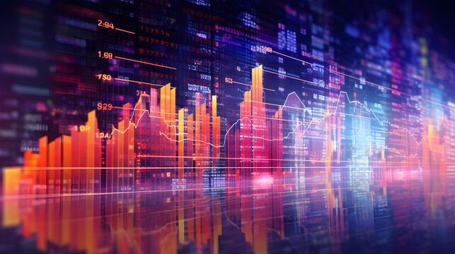 Perspective view of multiple stock market chart. Economy trends background for business idea and all art work design. Abstract finance background. Generative AI