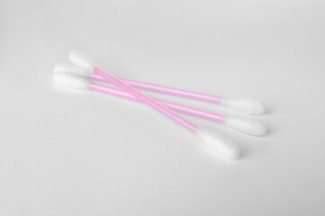 Clean cotton buds isolated on white. Hygienic product