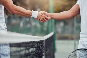 Man, tennis and handshake for fitness, partnership or deal in competition or game on court. Hand of...