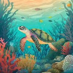 Sea turtle swimming underwater, watercolor illustration created with AI. Save the ocean concept