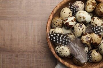 Fototapeta na wymiar Speckled quail eggs and feathers on wooden table, top view. Space for text
