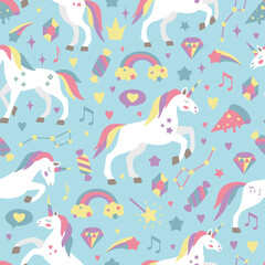 Hand drawn seamless vector pattern with cute unicorns, stars, hearts, diamonds. Perfect for fabric, wallpaper, wrapping paper or nursery decor.