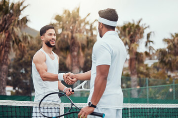 Man, tennis and handshake for partnership, game or match in competition together on the court. Men or friends shaking hands for sports training, teamwork or support in friendship, deal or agreement
