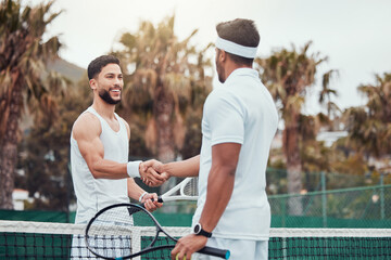 Man, tennis and handshake for partnership, game or match in competition together on the court. Men...