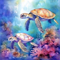 Obraz premium Sad unhappy sea turtle mother and her baby swimming underwater. Save the ocean concept, Created with AI