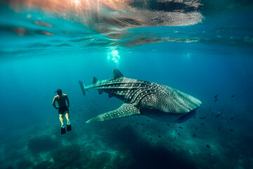 Man snorkeling near a big whale shark in the ocean