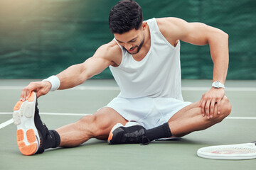 Man, tennis and stretching body in fitness on court getting ready for match or game in the...