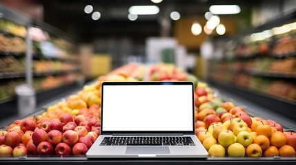 Laptop computer mock-up with cut out screen on background of supermarket. Copy space. Based on Generative AI