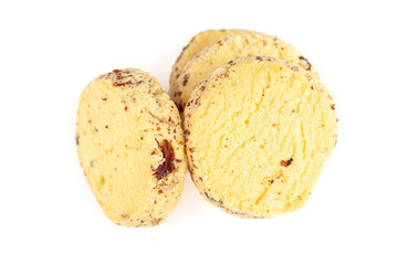 Four whole wheat chip cookies on a white background. Top-down view. Food Flat lay.