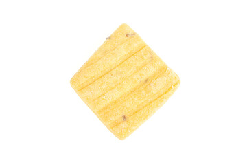 One sweet and salted Cumin cookie or Indian Jeera cookie. on a white background. Top-down view. Food Flat lay.