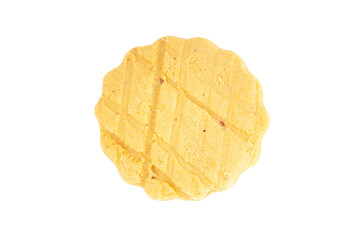 One carrom seeds cookie or salted ajwain cookie on a white background. Top-down view. Food Flat lay.